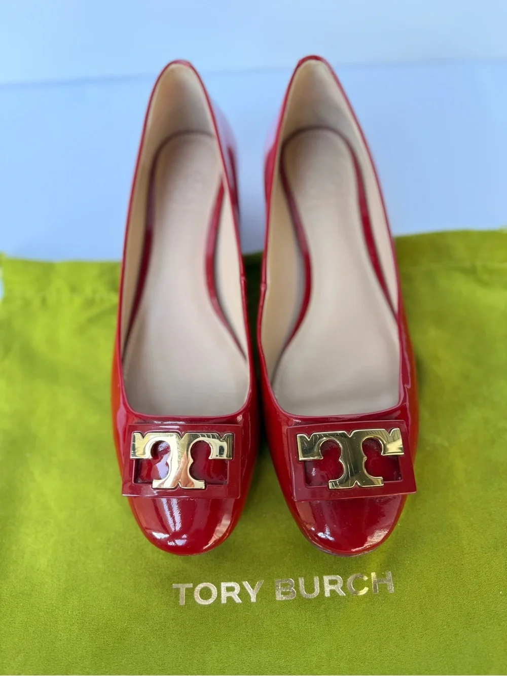Tory Burch Gigi‎ Soft Patent Leather Low Block Heel Pumps Red Sz 6